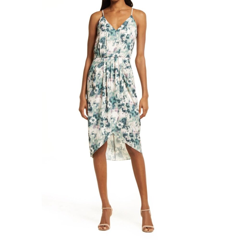 Chelsea28 Faux Wrap Dress‎ XXL Green Pink Blurred Floral V-Neck Spaghetti Strap